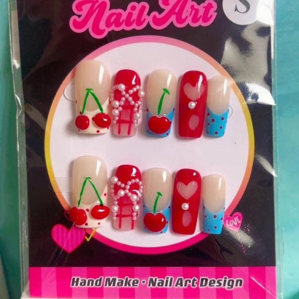 Y2K HANDMADE CUTE CHERRIES FAKE NAIL SET NEW SMALL‎
